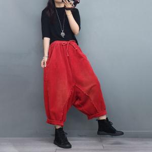 Solid Color Fringed Harem Pants Corduroy Fisherman Pants