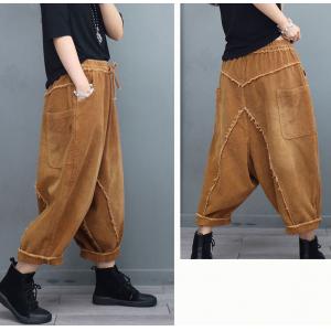 Solid Color Fringed Harem Pants Corduroy Fisherman Pants