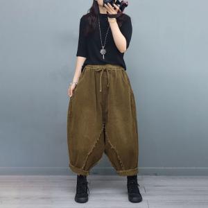 Solid Color Fringed Harem Pants Corduroy Fisherman Pants