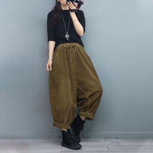 Solid Color Fringed Harem Pants Corduroy Fisherman Pants