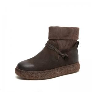 Flat Wedges Fleeced Ankle Boots Leather Winter Sock Boots