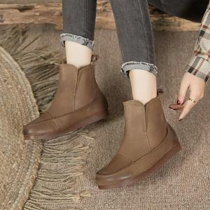 Winter Fur Lining Wedge Boots Round Toe Cowhide Short Boots