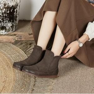 Winter Fur Lining Wedge Boots Round Toe Cowhide Short Boots