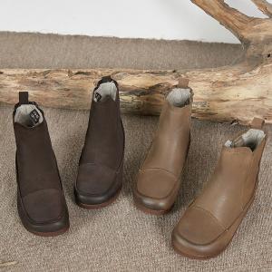 Winter Fur Lining Wedge Boots Round Toe Cowhide Short Boots
