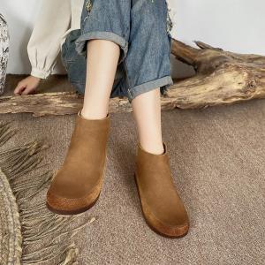Round Toe Leather Ankle Boots Back Zip Fleeced Warm Boots
