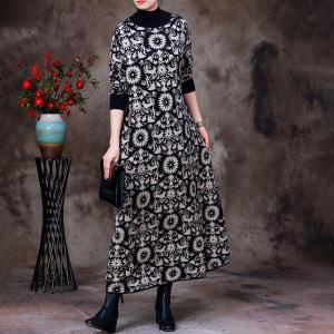 Totem Pattern Knit Mock Neck Dress Winter Printed Sweater Dress