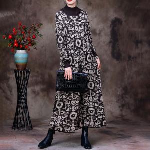 Totem Pattern Knit Mock Neck Dress Winter Printed Sweater Dress