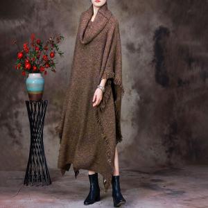 Draped Collar Tassel Cape Woolen Plus Size Sweater Cloak