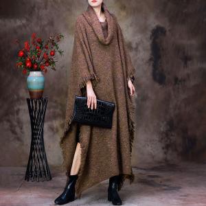 Draped Collar Tassel Cape Woolen Plus Size Sweater Cloak