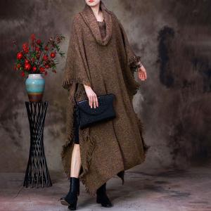 Draped Collar Tassel Cape Woolen Plus Size Sweater Cloak