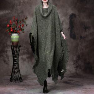 Draped Collar Tassel Cape Woolen Plus Size Sweater Cloak