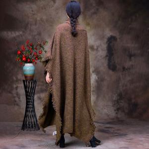 Draped Collar Tassel Cape Woolen Plus Size Sweater Cloak