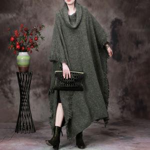 Draped Collar Tassel Cape Woolen Plus Size Sweater Cloak