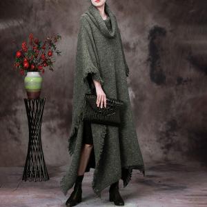 Draped Collar Tassel Cape Woolen Plus Size Sweater Cloak
