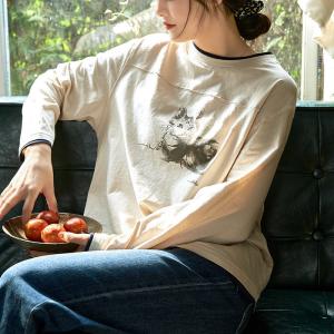 Cute Cat Cotton T-shirt Comfy Long Sleeves Casual Tee