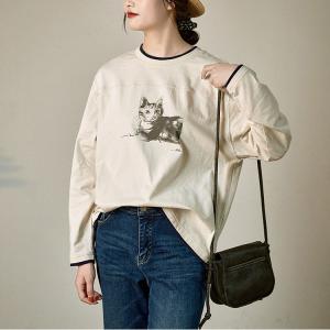 Cute Cat Cotton T-shirt Comfy Long Sleeves Casual Tee