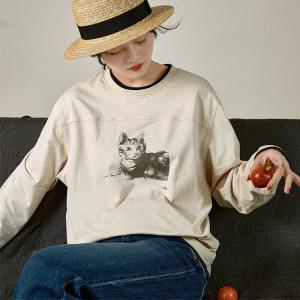 Cute Cat Cotton T-shirt Comfy Long Sleeves Casual Tee