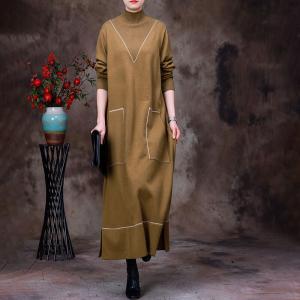 Two Front Pocket High Collar Dress Winter Jersey Dress