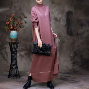 Two Front Pocket High Collar Dress Winter Jersey Dress