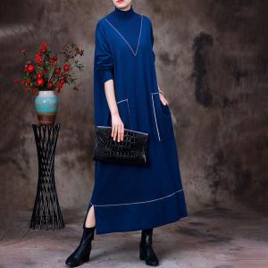 Two Front Pocket High Collar Dress Winter Jersey Dress