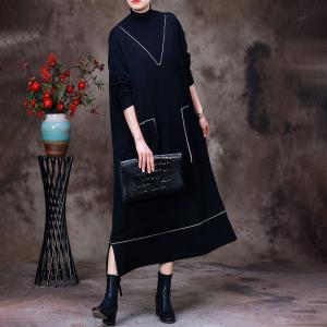 Two Front Pocket High Collar Dress Winter Jersey Dress