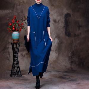 Two Front Pocket High Collar Dress Winter Jersey Dress