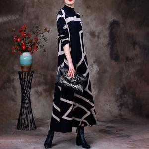 Irregular Striped Black Sweater Dress Mock Neck Knit Dress