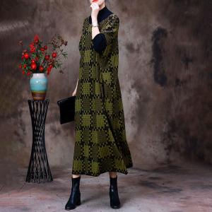 Over50 Style Mock Neck Checker Dress Wool Knit Jersey Dress