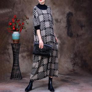 Over50 Style Mock Neck Checker Dress Wool Knit Jersey Dress