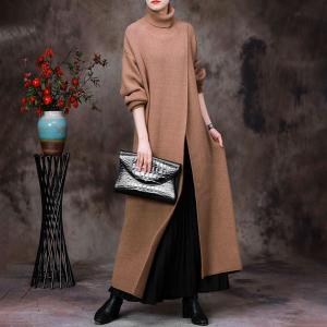 Big Front Slit Sweater Dress Knitting Turtleneck Dress