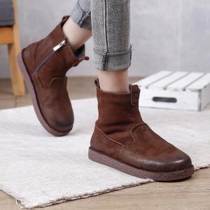 Side Zip Plush Lining Leather Booties Womens Flat Boots