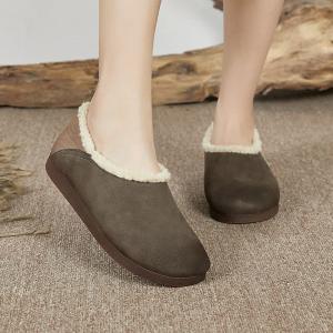 Lamb Wool Lining Leather Flats Contrast Color Winter Slip-On