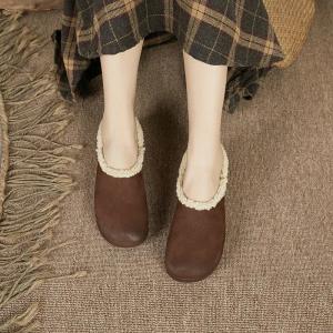 Lamb Wool Lining Leather Flats Contrast Color Winter Slip-On