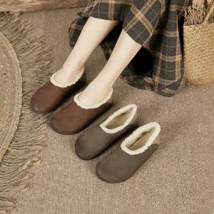 Lamb Wool Lining Leather Flats Contrast Color Winter Slip-On