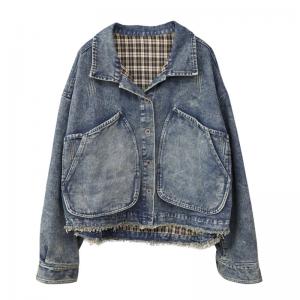 Gingham Lining Big Pocket Denim Jacket Plus Size Jean Jacket