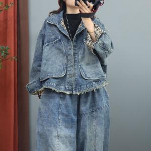 Gingham Lining Big Pocket Denim Jacket Plus Size Jean Jacket