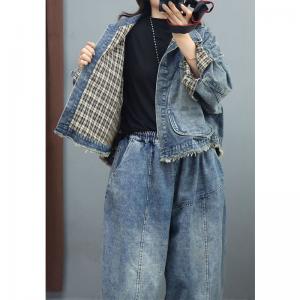 Gingham Lining Big Pocket Denim Jacket Plus Size Jean Jacket