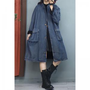 Sherpa Lining Midi Denim Coat Front Pocket Flouncing Trench Coat