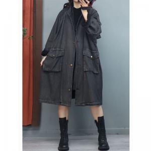 Sherpa Lining Midi Denim Coat Front Pocket Flouncing Trench Coat