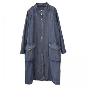 Sherpa Lining Midi Denim Coat Front Pocket Flouncing Trench Coat