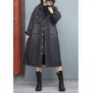 Multi-Pockets Sherpa Lining Denim Coat Plus Size Cinched Coat