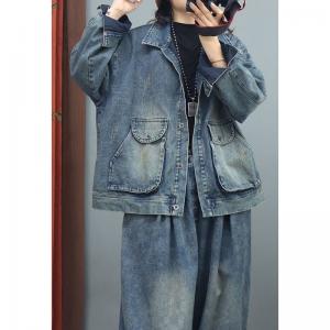 Urban Frayed Washed Denim Oversized Jacket with Front Pocket