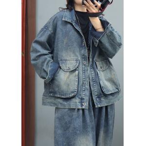 Urban Frayed Washed Denim Oversized Jacket with Front Pocket