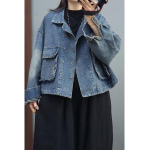 Double-Breasted Blue Jean Jacket Plus Size Short Jacket