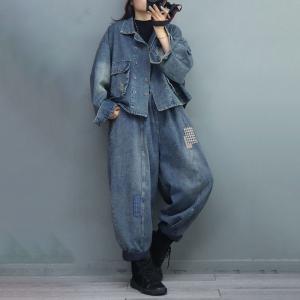 Double-Breasted Blue Jean Jacket Plus Size Short Jacket