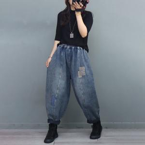Plaid Patchwork Baggy Carrot Jeans Winter Stone Wash Jeans