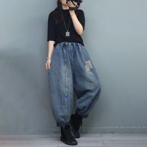 Plaid Patchwork Baggy Carrot Jeans Winter Stone Wash Jeans