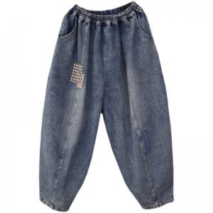 Plaid Patchwork Baggy Carrot Jeans Winter Stone Wash Jeans