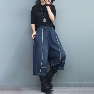 Baggy -Fit Blue Wide Leg Jeans Fringed Cropped Jeans for Women