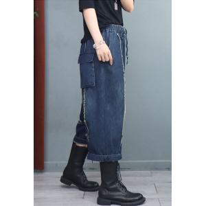 Baggy -Fit Blue Wide Leg Jeans Fringed Cropped Jeans for Women